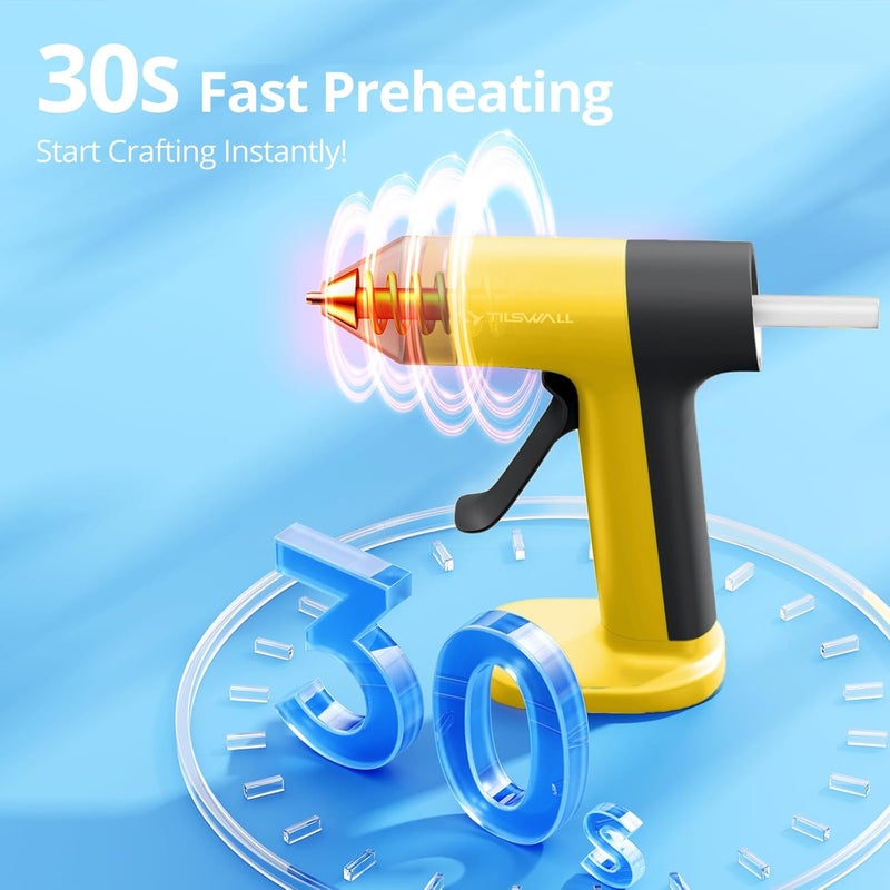 TILSWALL 4V Hot Glue Gun, Glue Gun Cordless with Rapid 30s Preheat, 2000mAh Type-C Rechargeable with 20 Glue Sticks, Anti-drip Nozzle, Auto Shut-Off for Crafting - Yellow - Image 4